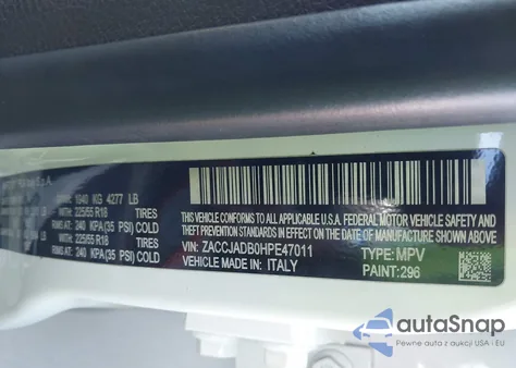 2017 Jeep Renegade Limited Fwd from USA, damaged, VIN ZACCJADB0HPE47011